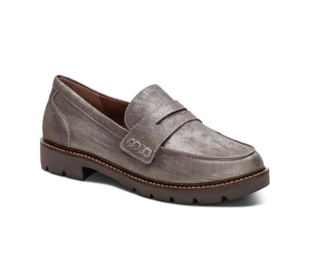 Aetrex Collette Brushed Silver Leather Arch Support Loafers Women’s Size 7.5 8